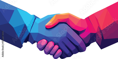 Colorful polygonal illustration of a business handshake depicting collaboration and agreement.
