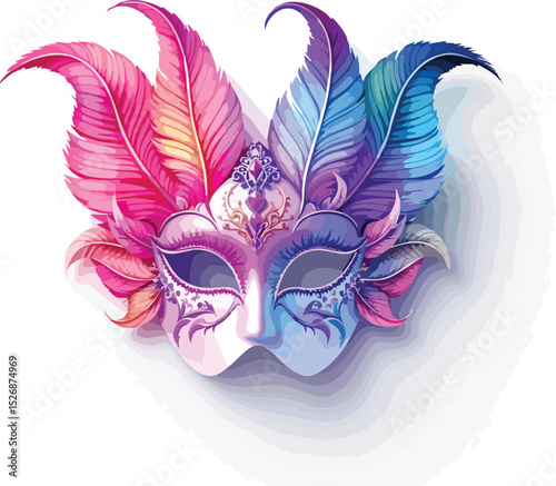 Colorful watercolor venetian mask with feathers and ornate decorative elements.