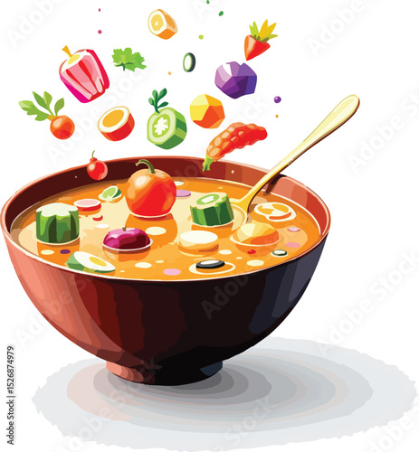 Delicious and nutritious vegetable soup with floating ingredients in a rustic wooden bowl.