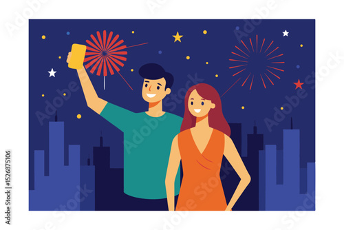 Celebrating New Year's Eve Couple Taking a Festive Selfie with Fireworks