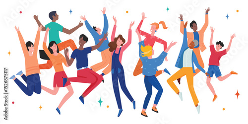 Happy people jump, enjoy and celebrate victory vector illustration. Cartoon excited teen characters jumping, young positive students have fun together, girls and boys friends dance isolated on white