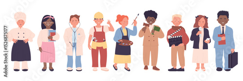 Kids of different professions, professional children vector illustration set. Cartoon funny boy girl child characters standing, chef teacher doctor worker artist singer businessman isolated on white