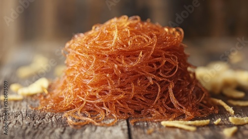 Pile of orange-brown, stringy noodles on a rustic wooden surface