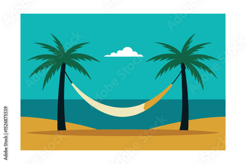 Tropical Beach Hammock Serenity Relaxing Vacation Paradise Illustration