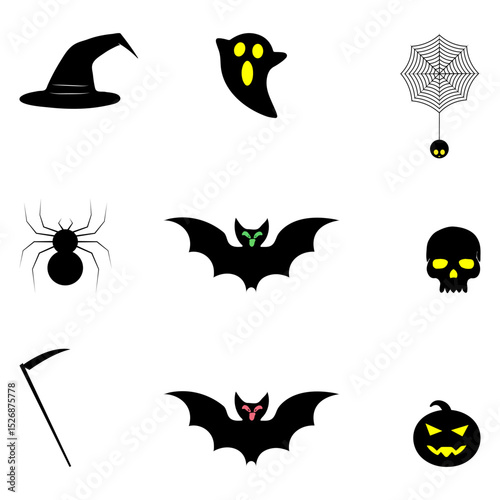 Halloween Icon Set – Witch Hat, Ghost, Bat, Spider, Pumpkin, Skull & Scythe Silhouettes | Spooky Vector Illustrations