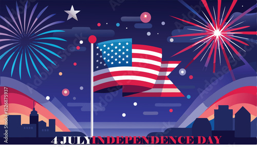 Celebrating American Independence Day with fireworks over a cityscape and the flag with dark blue