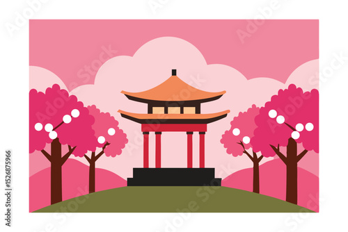 Serene Asian Garden Pagoda Amidst Cherry Blossoms
