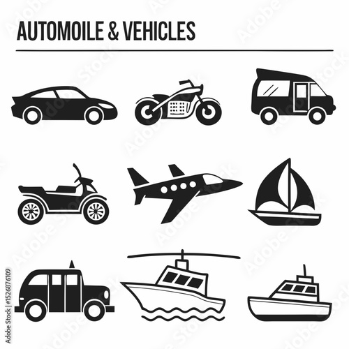 Transportation icons set car motorcycle van atv airplane sailboat bus boat yacht