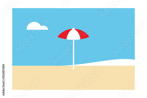 Summer Beach Scene Red and White Umbrella on Sandy Shore under Blue Sky