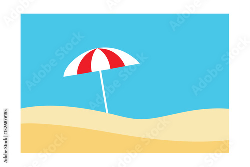Relaxing Beach Scene Red and White Striped Umbrella on Sandy Shore