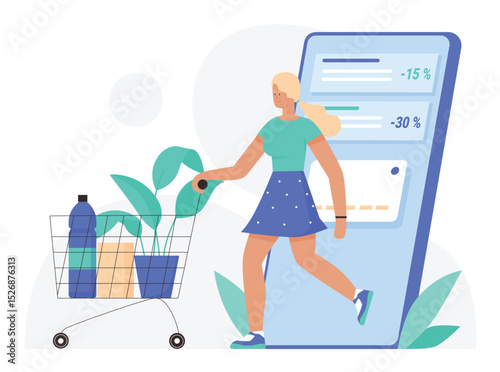 Online shopping, ecommerce vector illustration. Cartoon woman customer character buying in grocery store on big smartphone screen, using shop app digital technology for shopping isolated on white