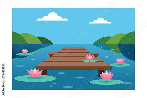 Serene Lakeside Wooden Dock Tranquil Water Lilies and Calm Waters