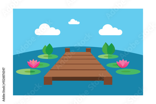 Serene Lakeside Wooden Dock Peaceful Water Lily Pond Scene