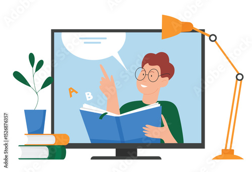 Online education, video lesson on web training course vector illustration. Cartoon teacher tutor man character teaching from computer screen, webinar or distance seminar learning isolated on white