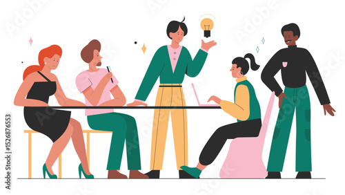 Business people teamwork, work meeting vector illustration. Cartoon professional office worker characters team brainstorming on new project idea strategy, sitting at table together isolated on white