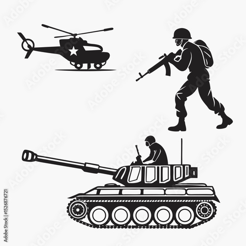 Military vehicles and soldier silhouettes transparent png