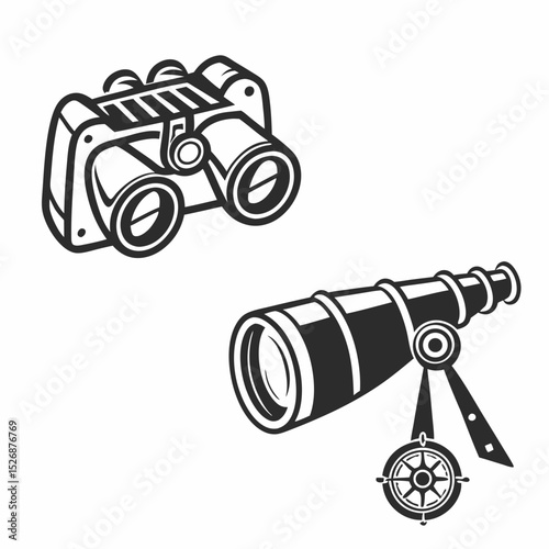 Vintage binoculars and spyglass nautical illustration