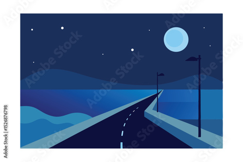 Serene Night Moonlit Road by the Sea, a Peaceful Coastal Drive Illustration