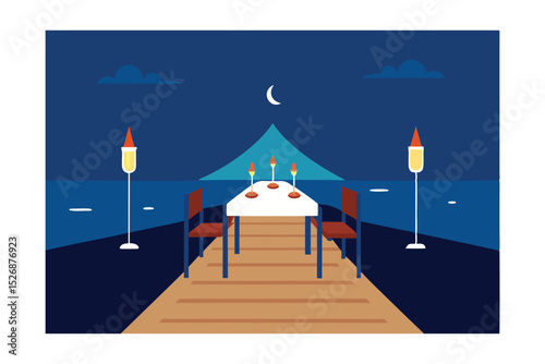 Romantic Dinner Date on a Dock at Night Ocean View, Candles, and Starry Sky