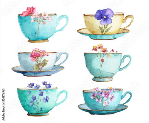 Watercolor Teacups with Flowers - Elegant Floral Tea Party Illustration for Cards, Invitations, and Decorative Prints (Isolated on White Background)