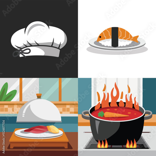 vector icons cooking food chef hat include a pizza slice, a sushi roll, spaghetti and meatballs, a curry bowl burger , fish 
