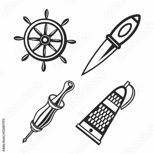 Professional cutout icons ship wheel knife screwdriver grater
