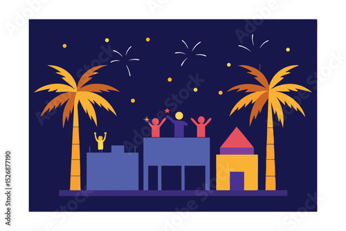 Nighttime Celebration Fireworks, Palm Trees, and Joyful People