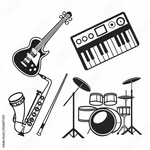 Musical instruments icons set black and white