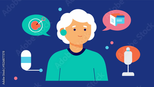 An individual with a history of stroke using an assistive technology device to improve their speech and language abilities through personalized exercises and feedback.. Vector illustration