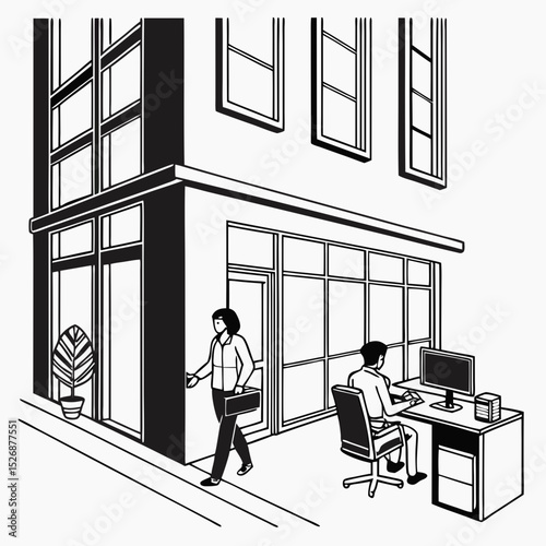 Professional business people leaving office building illustration