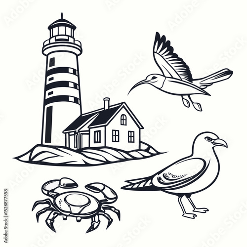 Lighthouse seascape with birds and crab, clean cutout