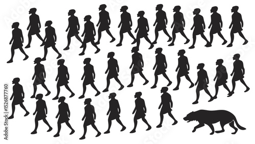Silhouette people walking in line following leader business concept teamwork leadership vector illustration black figures
