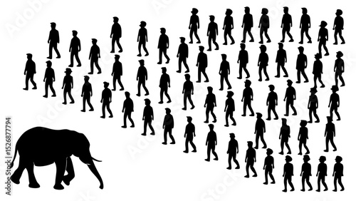 Elephant leading group of people silhouettes in formation concept for leadership teamwork and following the leader business