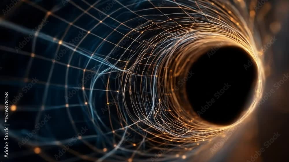 Abstract tunnel of interconnected lines and glowing points, leading to a black hole.  A complex network of lines and particles forming a tunnel structure