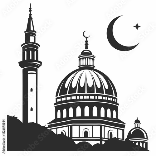 Majestic mosque silhouette under night sky crescent moon star
