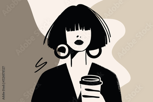 Woman with coffee minimal fashion vector illustration