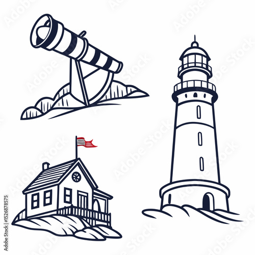 Professional lighthouse, telescope, and coastal house cutouts