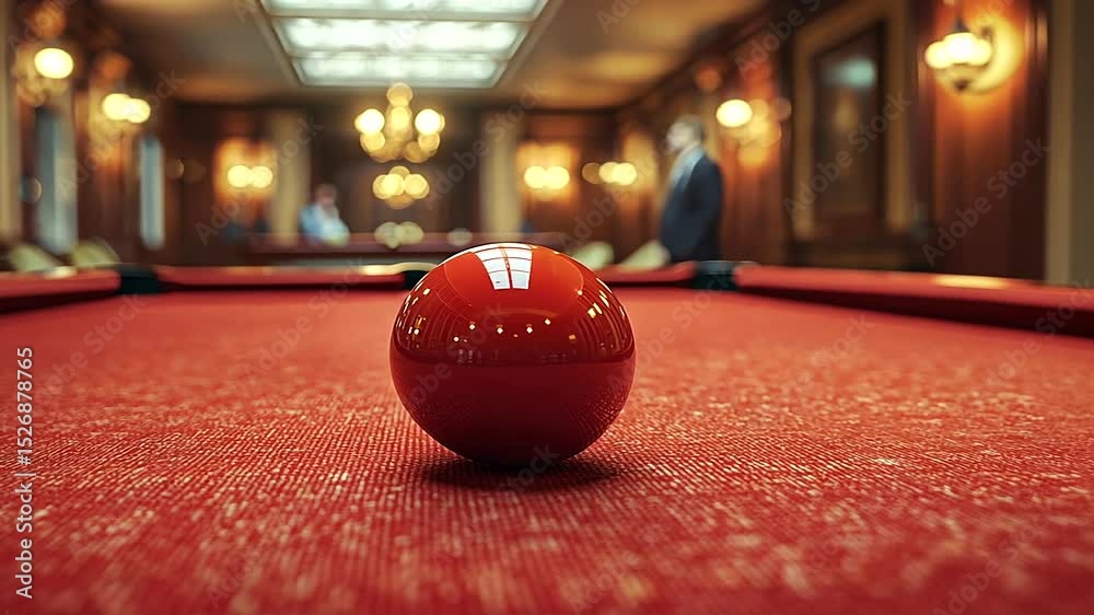 A vibrant red billiard ball on a polished table in an elegant room with soft lighting