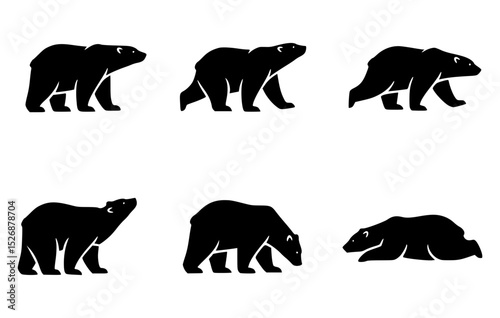 Six polar bear silhouettes in various poses.  The silhouettes are simple and elegant, perfect for branding or design projects.