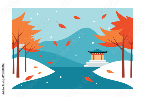 Serene Winter Landscape Korean Pavilion Amidst Falling Leaves and Snow