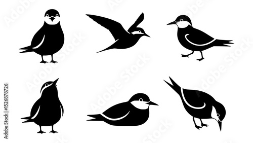 Variety of charming birds illustrations in silhouette style. These black birds bring a sense of minimalism and elegance. The illustrations capture the birds in various poses.