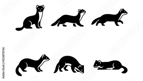 Silhouette of stoat in various poses on a clean background