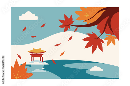 Serene Autumn Landscape Maple Leaves and Tranquil Pagoda by the Lake