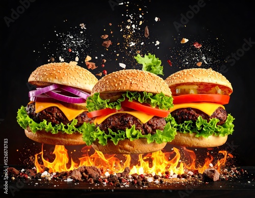 Three burgers in mid-air over flames