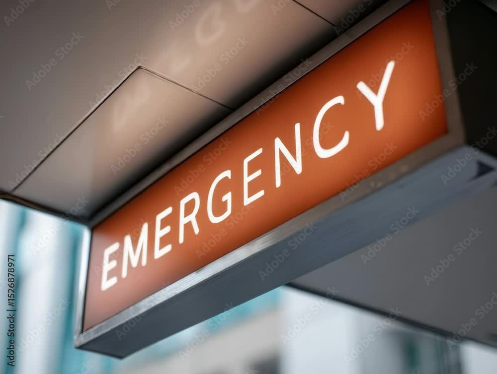Emergency sign directs visitors to urgent care area in a hospital setting during daylight hours Emergency sign directs visitors to urgent care area in a hospital setting during daylight hours