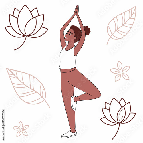 Woman practicing yoga tree pose nature background
