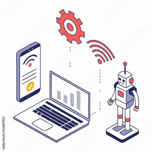 Professional robot with laptop and smartphone on white background