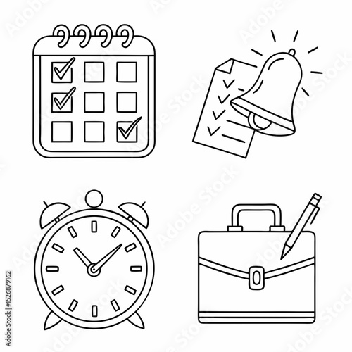 Time management icons checklist alarm briefcase