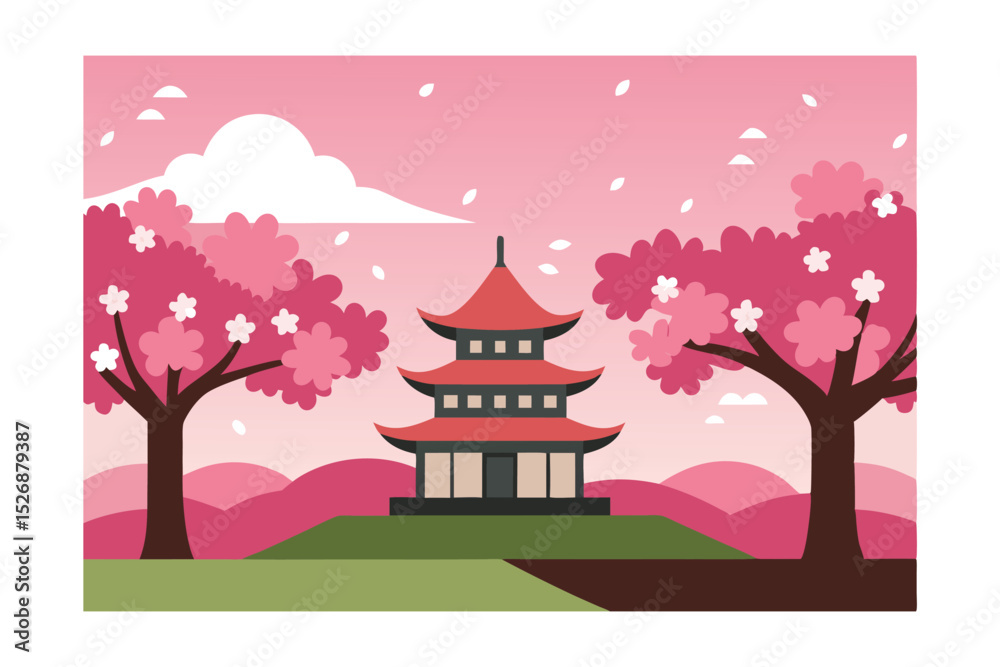 Fototapeta premium Serene Cherry Blossom Pagoda A Peaceful Asian Temple Scene
