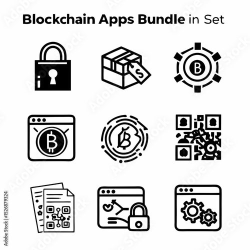 Blockchain apps bundle icon set digital assets